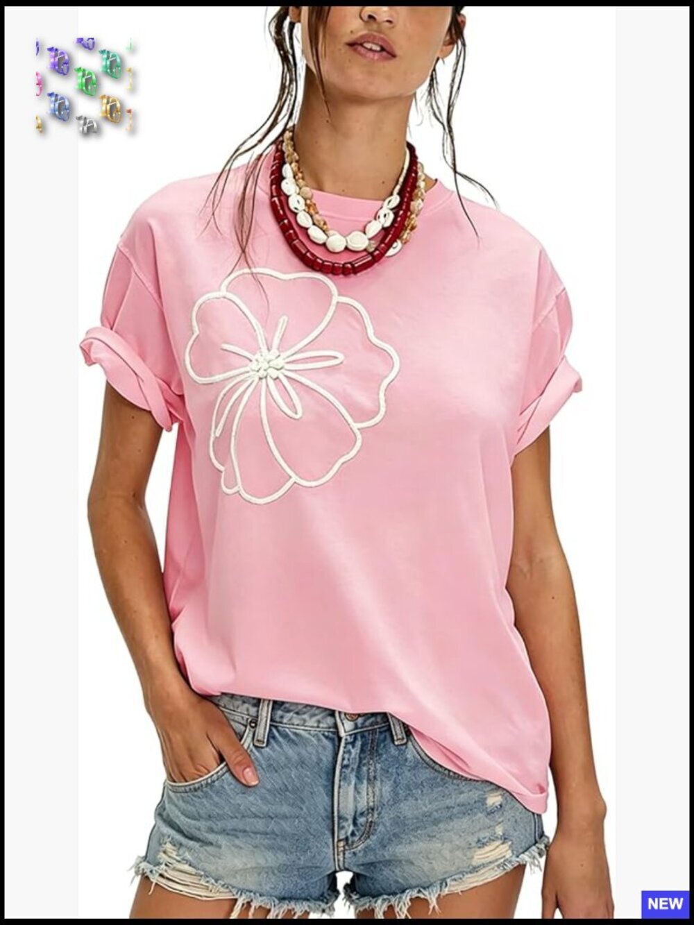 Floral Embroidered Cotton Crew Neck Short Sleeve Tee Loose Fit Y2K Blouse